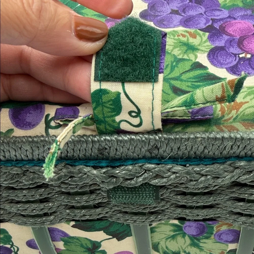Vintage Sewing Basket Green Floral Tapestry w/Inside Tray Handle Wicker